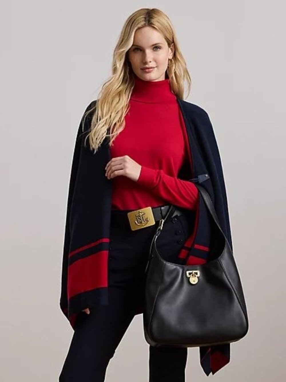$295 Lauren Ralph Lauren Intarsia-Knit Two-Tone Poncho Navy/Red